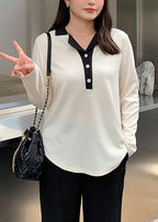 Simple Apricot Peter Pan Collar Patchwork Plus Size Cotton Shirt Fall