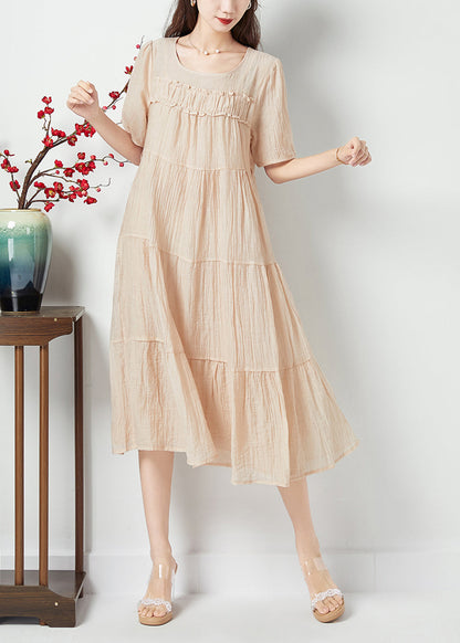 Simple Beige O-Neck Patchwork Wrinkled Linen Silk Long Dress Summer