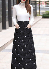 Load image into Gallery viewer, Simple Black Embroideried Pockets Fine Cotton Filled Skirts Winter