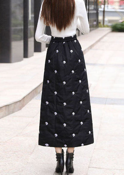 Simple Black Embroideried Pockets Fine Cotton Filled Skirts Winter