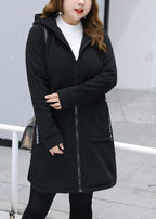 Simple Black Hooded Pockets Fleece Wool Lined Jackets Winter