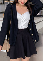 Simple Black V Neck Button Patchwork Knitting Cardigan Fall