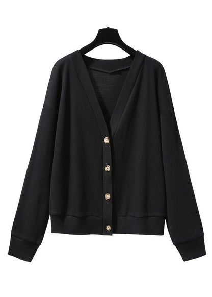 Simple Black V Neck Button Patchwork Knitting Cardigan Fall