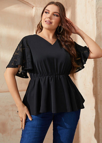 Einfache schwarze V-Ausschnitt-Tüll-Patchwork-elastische Taille, solide Chiffon-Hemden für den Sommer