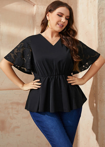 Einfache schwarze V-Ausschnitt-Tüll-Patchwork-elastische Taille, solide Chiffon-Hemden für den Sommer