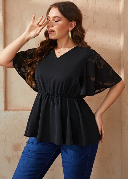 Einfache schwarze V-Ausschnitt-Tüll-Patchwork-elastische Taille, solide Chiffon-Hemden für den Sommer