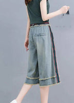 Simple Blue Patchwork High Waist Crop Jeans Summer