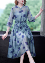 Load image into Gallery viewer, Simple Blue Ruffled Print Silk Cinched Dresses Two Piece Set Bracelet Sleeve