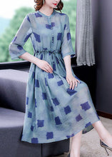 Load image into Gallery viewer, Simple Blue Ruffled Print Silk Cinched Dresses Two Piece Set Bracelet Sleeve