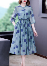 Load image into Gallery viewer, Simple Blue Ruffled Print Silk Cinched Dresses Two Piece Set Bracelet Sleeve