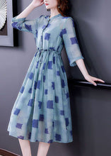 Load image into Gallery viewer, Simple Blue Ruffled Print Silk Cinched Dresses Two Piece Set Bracelet Sleeve