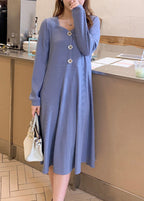 Simple Blue Square Collar Button Spandex Maxi Dress Fall