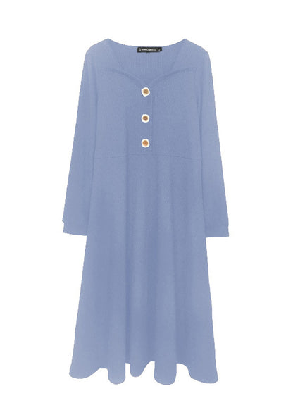 Simple Blue Square Collar Button Spandex Maxi Dress Fall