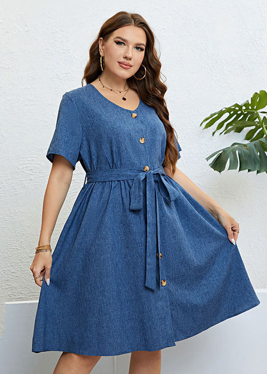 Simple Blue V Neck Button Tie Waist Patchwork Denim Dress Summer