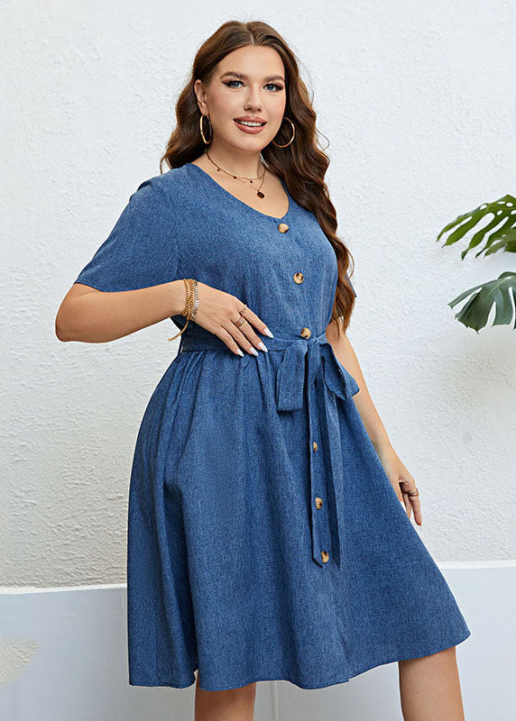 Simple Blue V Neck Button Tie Waist Patchwork Denim Dress Summer