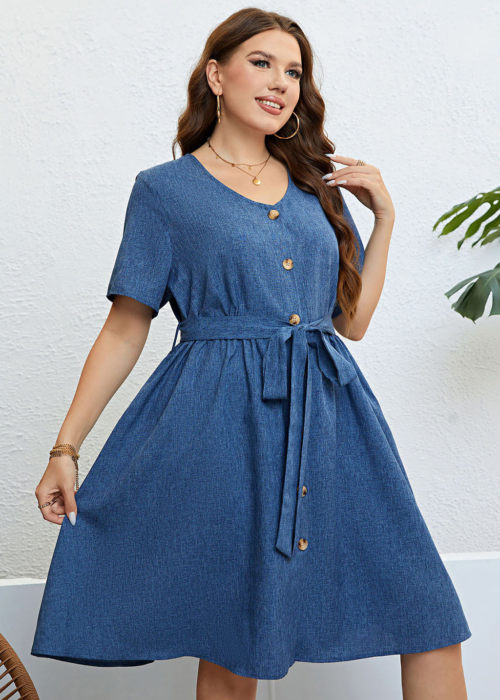 Simple Blue V Neck Button Tie Waist Patchwork Denim Dress Summer