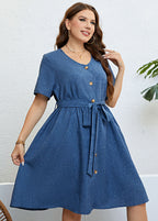 Simple Blue V Neck Button Tie Waist Patchwork Denim Dress Summer