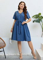 Simple Blue V Neck Button Tie Waist Patchwork Denim Dress Summer