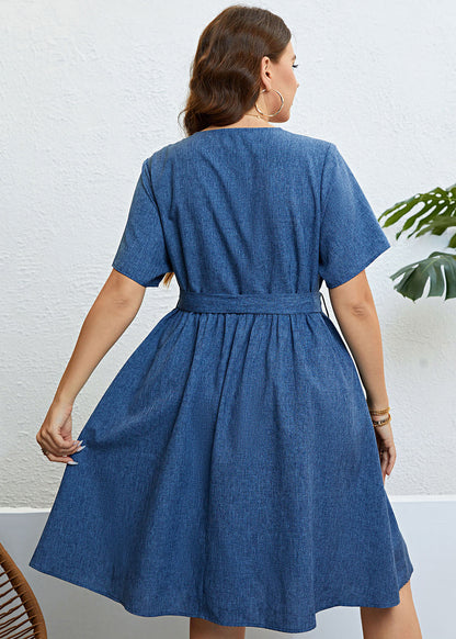 Simple Blue V Neck Button Tie Waist Patchwork Denim Dress Summer