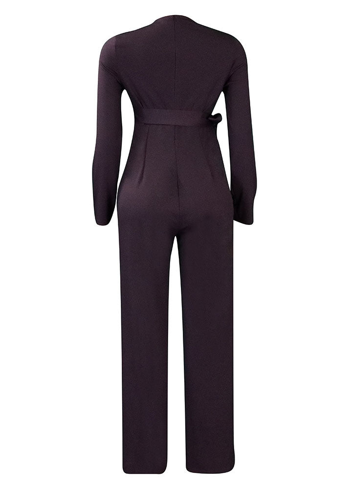 Simple Brown O-Neck Patchwork Tie Waist Solid Spandex Jumpsuits Long Sleeve
