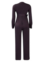 Simple Brown O-Neck Patchwork Tie Waist Solid Spandex Jumpsuits Long Sleeve
