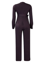Load image into Gallery viewer, Simple Brown O-Neck Patchwork Tie Waist Solid Spandex Jumpsuits Long Sleeve