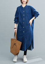 Load image into Gallery viewer, Simple Denim Blue Stand Collar Oversized Side Open Cotton Shirt Dresses Spring