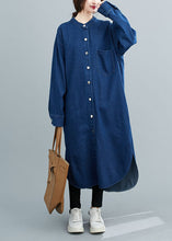 Load image into Gallery viewer, Simple Denim Blue Stand Collar Oversized Side Open Cotton Shirt Dresses Spring