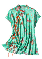 Simple Green Stand Collar Asymmetrical Print Button Silk Top Short Sleeve