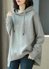 Load image into Gallery viewer, Simple Grey Asymmetrical Graphic Print Drawstring Cotton Sweatshirt Long Sleeve