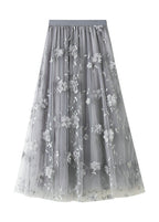 Simple Grey Embroideried Floral Elastic Waist Tulle A Line Skirts Spring