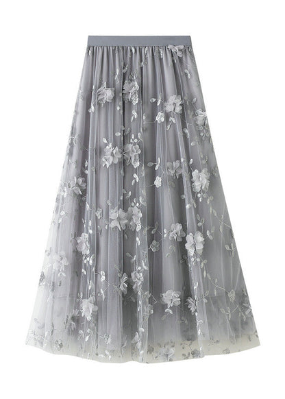 Simple Grey Embroideried Floral Elastic Waist Tulle A Line Skirts Spring