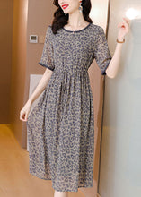 Load image into Gallery viewer, Simple Grey O-Neck Leopard Print Tie Waist Silk Cinch Dresses Short Sleeve
