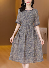 Load image into Gallery viewer, Simple Grey O-Neck Leopard Print Tie Waist Silk Cinch Dresses Short Sleeve