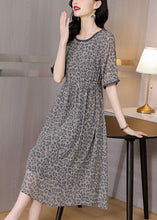 Load image into Gallery viewer, Simple Grey O-Neck Leopard Print Tie Waist Silk Cinch Dresses Short Sleeve