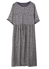 Load image into Gallery viewer, Simple Grey O-Neck Leopard Print Tie Waist Silk Cinch Dresses Short Sleeve