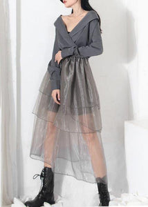 Simple Grey Ruffles Cinched  Skirts Summer