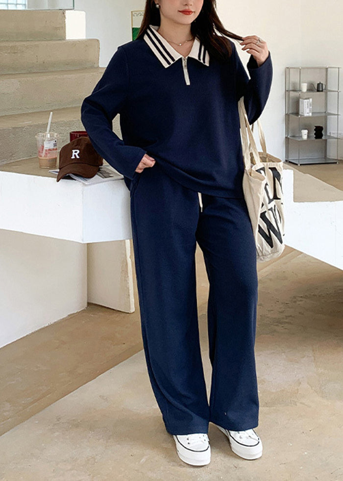 Simple Navy Oversized Cotton Sweatshirt Two Piece Set Fall