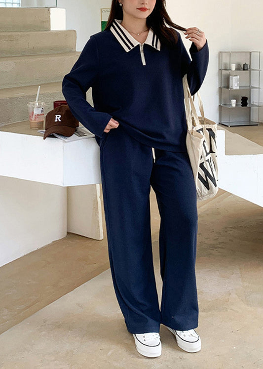 Simple Navy Oversized Cotton Sweatshirt Two Piece Set Fall