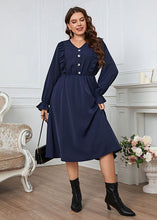 Load image into Gallery viewer, Simple Navy V Neck Ruffled Wrinkled Cotton Dress Flare Sleeve