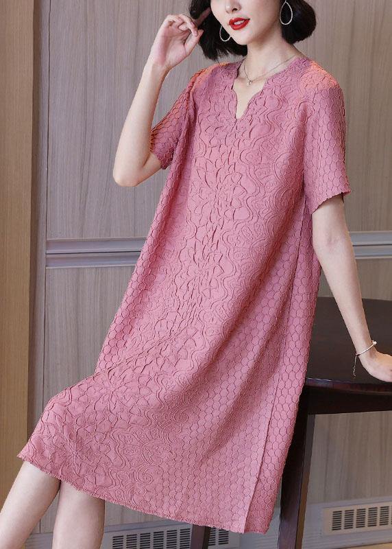 Simple Pink Jacquard V Neck Summer Dress