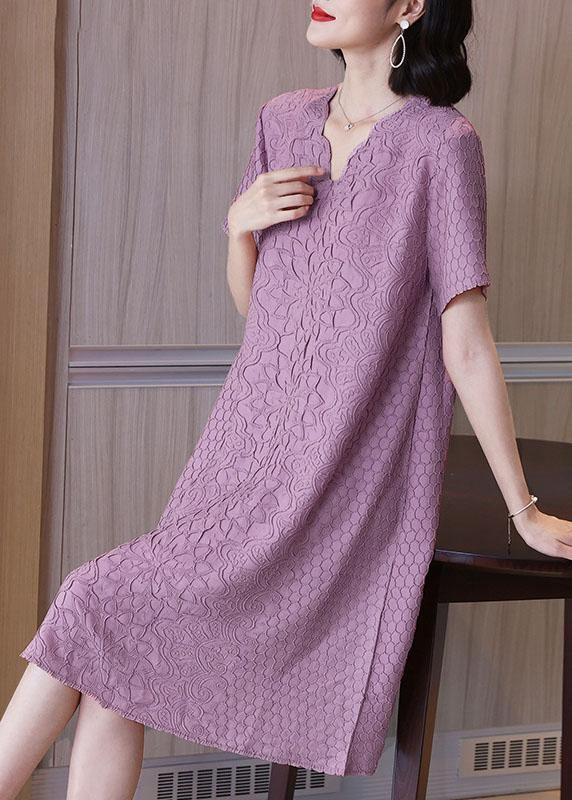Simple Pink Jacquard V Neck Summer Dress