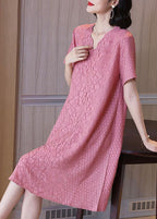 Simple Pink Jacquard V Neck Summer Dress