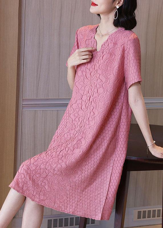 Simple Pink Jacquard V Neck Summer Dress