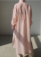 Simple Pink Peter Pan Collar Side Open Button Pockets Holiday Dress Long Sleeve