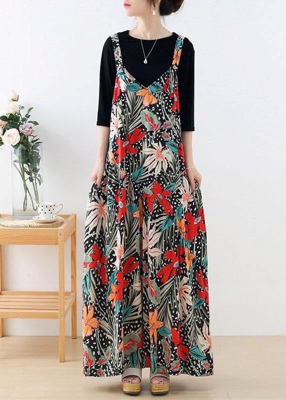 Simple Red Floral Pockets Wide Leg Fall Romper