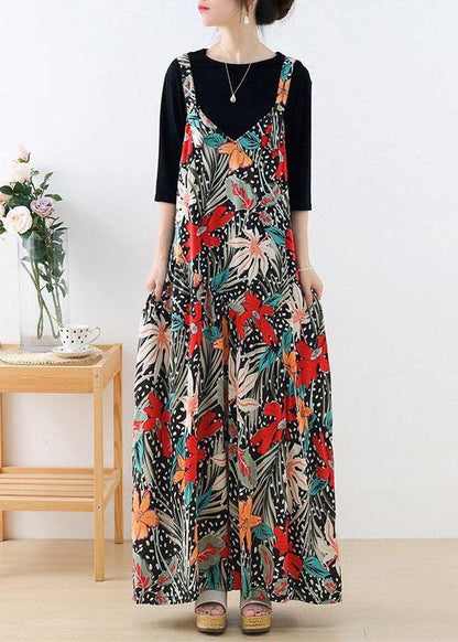 Simple Red Floral Pockets Wide Leg Fall Romper