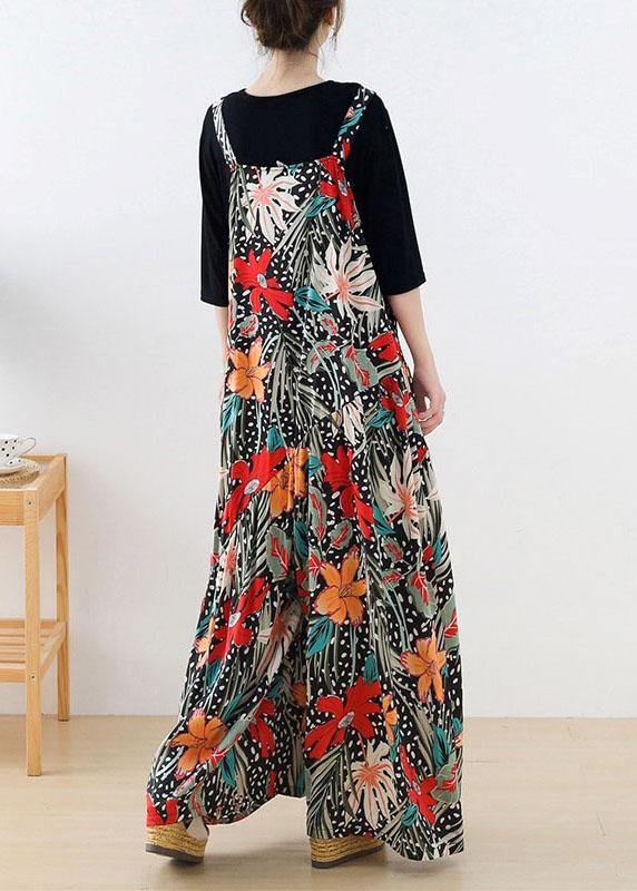 Simple Red Floral Pockets Wide Leg Fall Romper