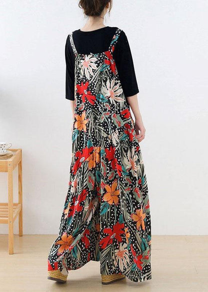Simple Red Floral Pockets Wide Leg Fall Romper