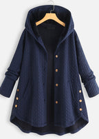 Simple Red Hooded Button Low High Design Patchwork Thick Coats Fall